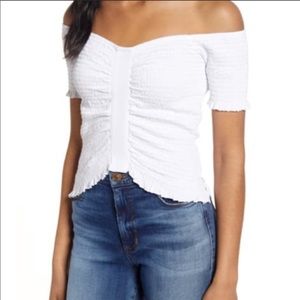 Smocked off the shoulder white top